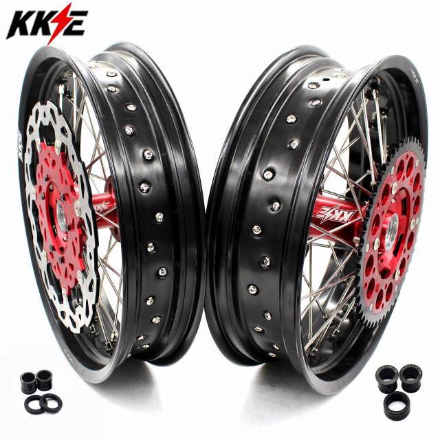 KKE 3.5/4.25*17 Supermoto Wheels Set Fit HONDA CRF250R 2004-2013 CRF450R Red Hub With Disc