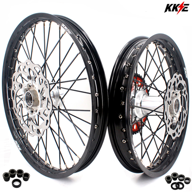 KKE 21/18 Enduro Casting Wheels Set Compatible with KTM EXC 125 530 2003-2022 Silver Hub Black Spoke