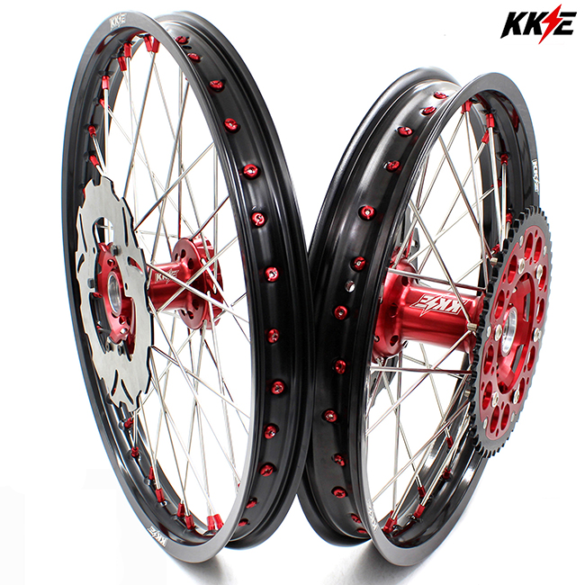 KKE 21/18 Enduro Wheels Rims Set Fit HONDA CRF250R 2004-2013 CRF450R 2002-2012  Red Nipple