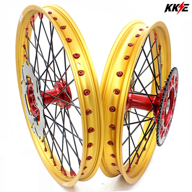 KKE 21/19 MX Casting Wheels Set Fit HONDA CRF250R 2004-2013 CRF450R 2002-2012 Gold Rims Red hub