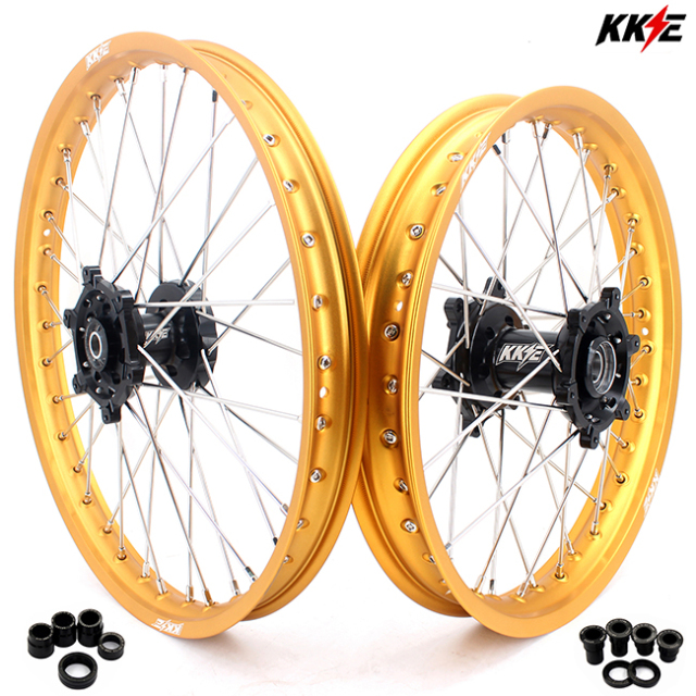 KKE 21/19 Dirtbike MX Wheels Set Fit SUZUKI RM125 RM250 2001-2008 Black Hub Gold Rim With Disc/Sprocket