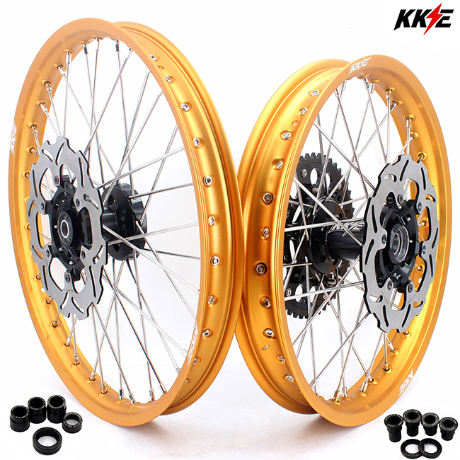 KKE 21/19 Motorcycle MX Wheels Rims Set Fit SUZUKI RM125 RM250 2001-2008 Black Hub Gold Rim