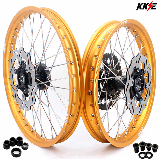 KKE 21/19 Dirtbike MX Wheels Set Fit SUZUKI RM125 RM250 2001-2008 Black Hub Gold Rim With Disc/Sprocket