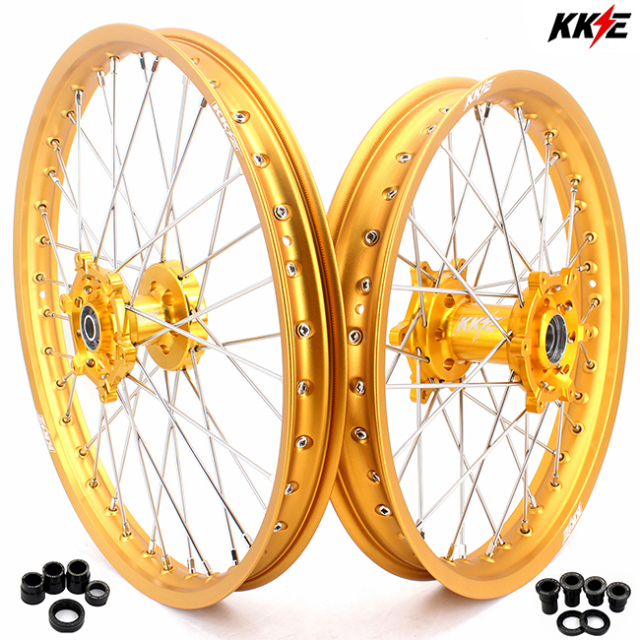 KKE 21/19 Fit SUZUKI RM125 RM250 2001-2008 Dirtbike MX Wheels Rims Set Gold Hub/Rim