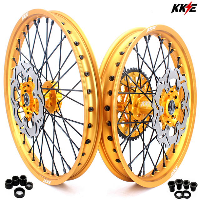 KKE 21/19 Mx Wheels Rims Set Dirt Bike Fit SUZUKI RM125 RM250 1996-2000 Gold Rim Black Spoke