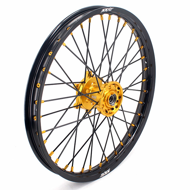 KKE 21/19 MX Motorcycle Wheels Rims Set Fit Suzuki RM125, RM250 2001-2008 Gold Nipple Black Spoke Disc