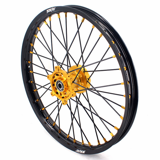 KKE 21/19 MX Motorcycle Wheels Rims Set Fit Suzuki RM125, RM250 2001-2008 Gold Nipple Black Spoke Disc