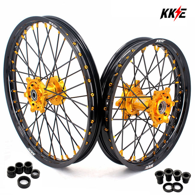 KKE 21/19 MX Dirt Bike Wheels Set Fit Suzuki RM125 , RM250 2001-2008 Gold Nipple Black Spoke Disc