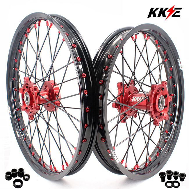 KKE 21/19 Dirt Bike MX Motorcycle Wheels Rims Set Fit SUZUKI RM125 RM250 1996-2000 Red/Black