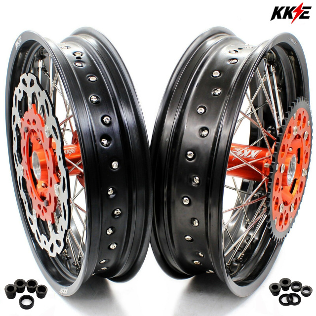 KKE 3.5/4.25 Motorcycle Supermoto Wheel Set Fit KTM SX-F EXC 2003-2021 Orange Hub With Disc