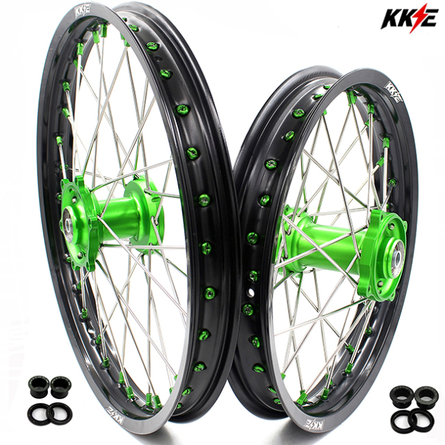 KKE 1.6*19"/1.85*16" Dirtbike Kid's Big Wheels Rims Set Fit KAWASAKI KX80 KX85 Green Nipple