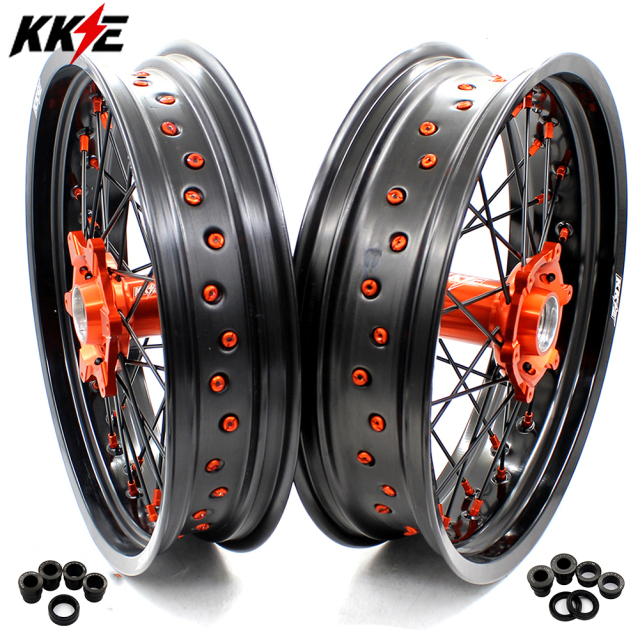KKE 3.5/4.25 Motorcycle Supermoto Wheels Rims Set Fit KTM SX-F EXC XC-F 2003-2022 Orange/Black
