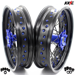 KKE 3.5*17/4.25*17 Supermoto Wheels Set Fit YAMAHA YZ125/250 YZ250F YZ450F 1999-2024 Blue Hub/Nipple Black Spoke