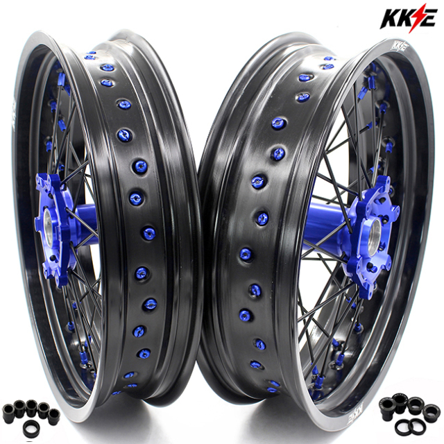 KKE 3.5*17/4.25*17 Supermoto Wheels Set Fit YAMAHA YZ125/250 YZ250F YZ450F 1999-2023 Blue Hub/Nipple Black Spoke