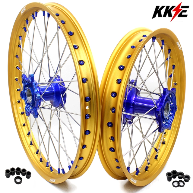 KKE 21/19 MX Dirt Bike Casting Wheels Fit Yamaha YZ125 YZ250 1999-2023 YZ250F YZ450F Blue Hub Gold Rim
