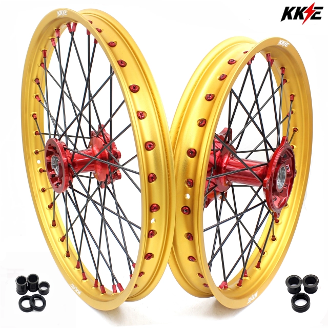 KKE 21/19 MX Casting Wheels Set Fit HONDA CRF250R 2004-2013 CRF450R 2002-2012 Gold Rims Red hub