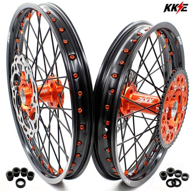 KKE 21/19 MX Motorcycle Wheels Rims set Compatible with KTM XCF SXF 2003-2023 Orange Nipple Black Spoke