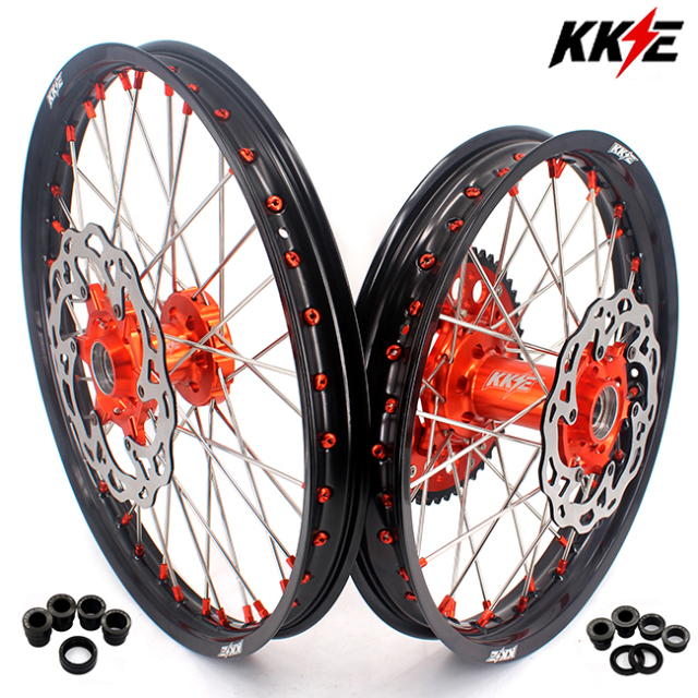 KKE 21/18 Enduro Motorcycle Wheels Rims set Compatible with KTM EXC 125CC-530CC 2003-2023 Orange Nipple