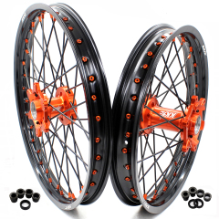 KKE 21/19 MX Motorcycle Wheels Rims set Compatible with KTM XCF SXF 2003-2024 Orange Nipple Black Spoke