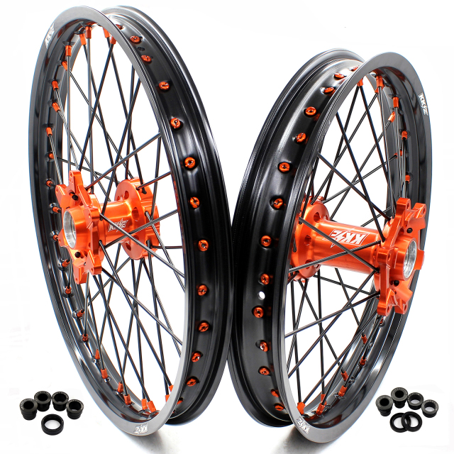 KKE 21/19 MX Motorcycle Wheels Rims set Compatible with KTM XCF SXF 2003-2023 Orange Nipple Black Spoke