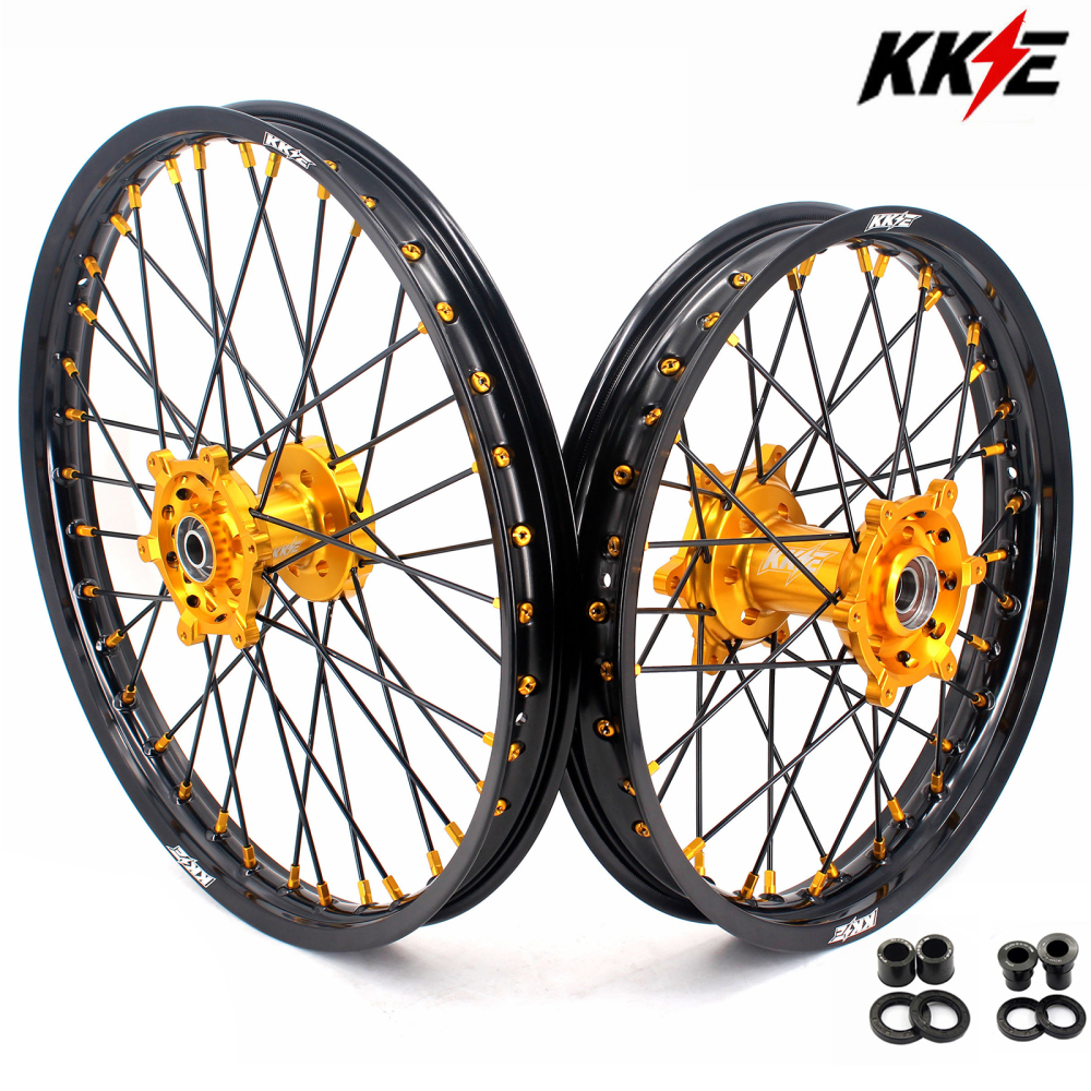 KKE 21/18 Enduro Dirt Bike Wheels Set fit Suzuki DRZ400SM 2005-2025 Gold Nipple Black Spokes
