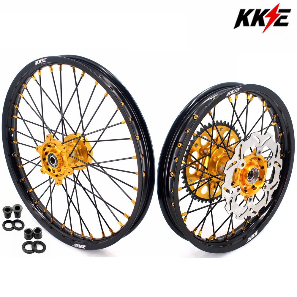 KKE 21/18 Enduro Dirt Bike Wheels Set fit Suzuki DRZ400SM 2005-2025 Gold Nipple Black Spokes