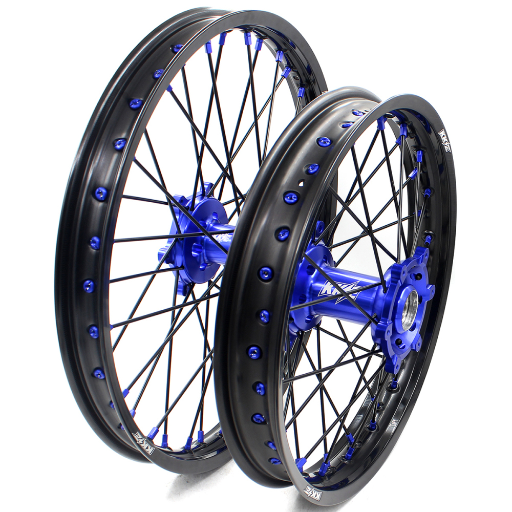 KKE 21/18 Enduro Dirt Bike Wheels Set fit Suzuki DRZ400SM 2005-2025 Blue Nipple Black Spokes