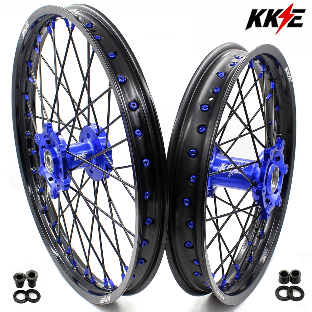 KKE 21/18 Enduro Dirt Bike Wheels Set fit Suzuki DRZ400SM 2005-2025 Blue Nipple Black Spokes