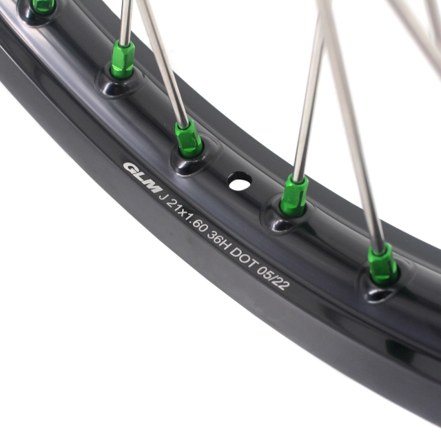 KKE 21/19 Inch Wheel Set – Green Hubs, Black Rims – Fits Kawasaki KX250F, KX450F (2006-2021), KX125, KX250