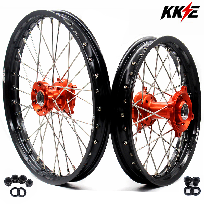 KKE 17/14 Kid's Dirt Bike Wheels Compatible with KTM 85 SX 2003-2020 / Husqvarna TC 85 2014 - 2020 Orange Hub / Silver Nipples