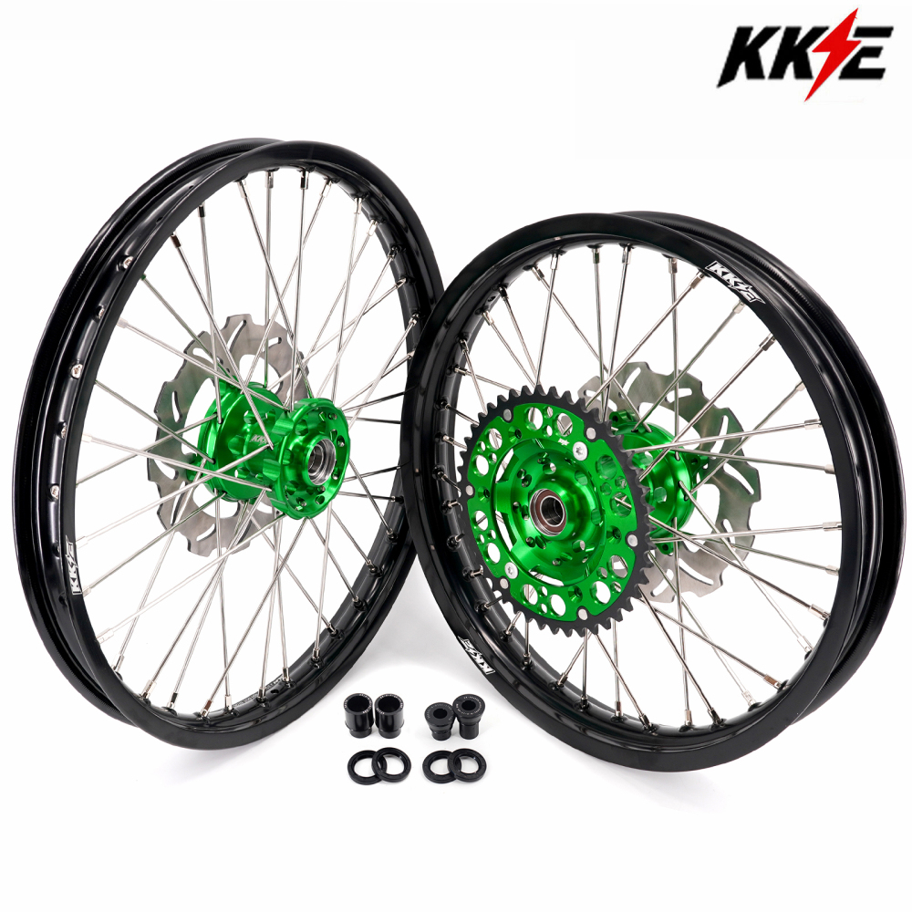 KKE 21/19 MX Dirt Bike Wheels Set fit Kawasaki KX250F KX450F 2006-2014/ KX125 KX250 2006-2007 Green Hub/ Silver Nipples