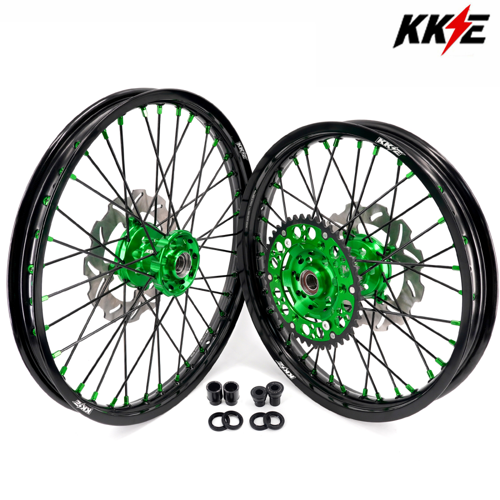 KKE 21/19 MX Dirt Bike Wheels Set fit Kawasaki KX250F KX450F 2006-2014/ KX125 KX250 2006-2007 Green Nipples/ Black Spokes