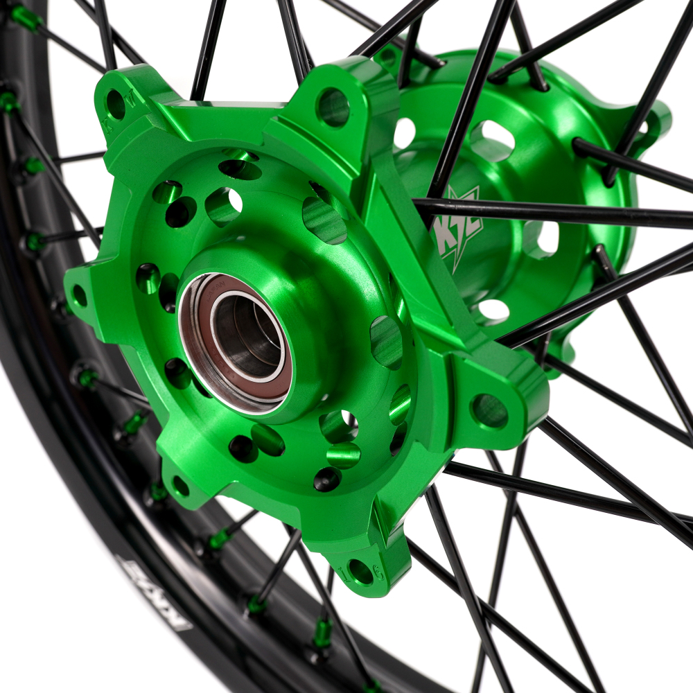 KKE 21/19 MX Dirt Bike Wheels Set fit Kawasaki KX250F KX450F 2006-2014/ KX125 KX250 2006-2007 Green Nipples/ Black Spokes