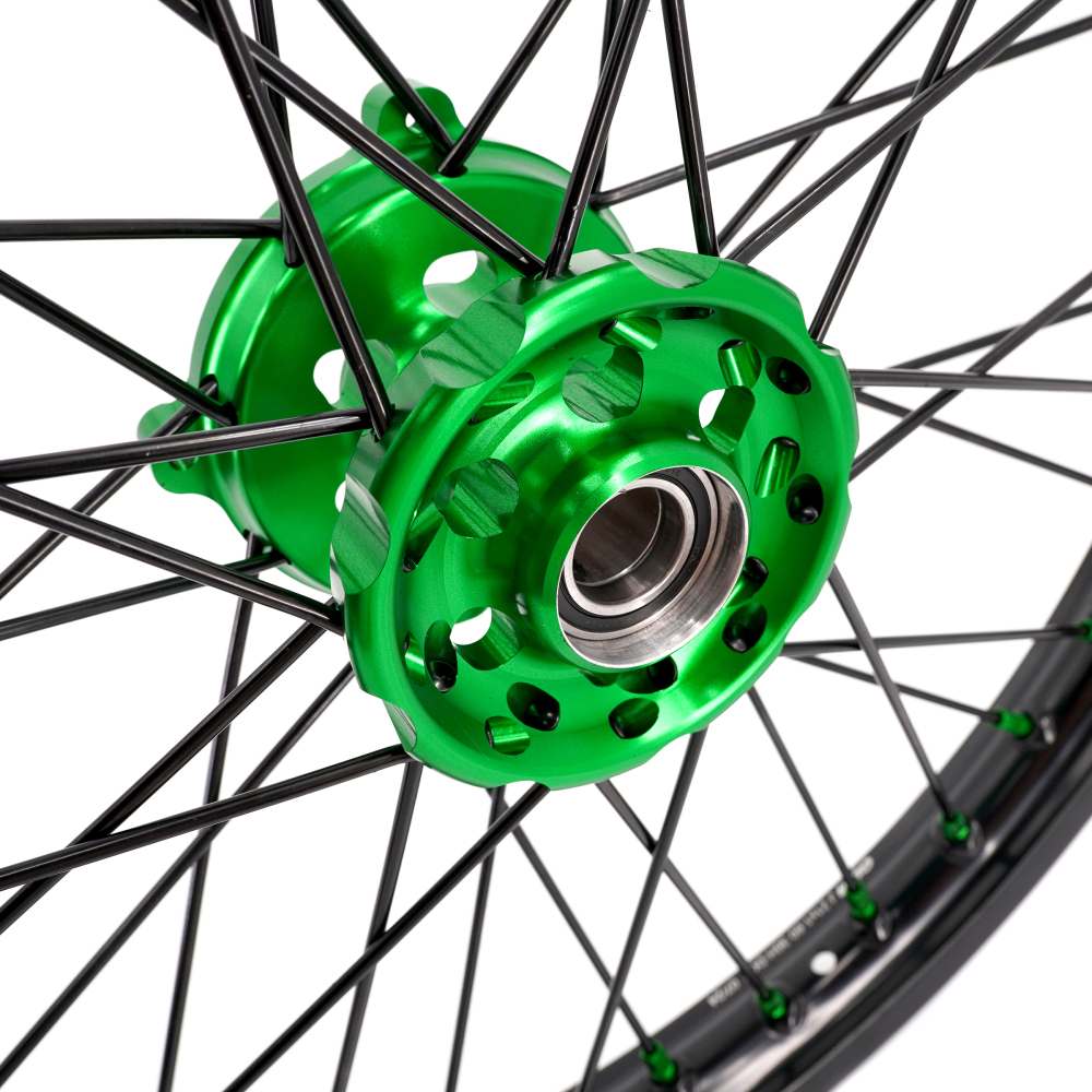 KKE 21/19 MX Dirt Bike Wheels Set fit Kawasaki KX250F KX450F 2006-2014/ KX125 KX250 2006-2007 Green Nipples/ Black Spokes