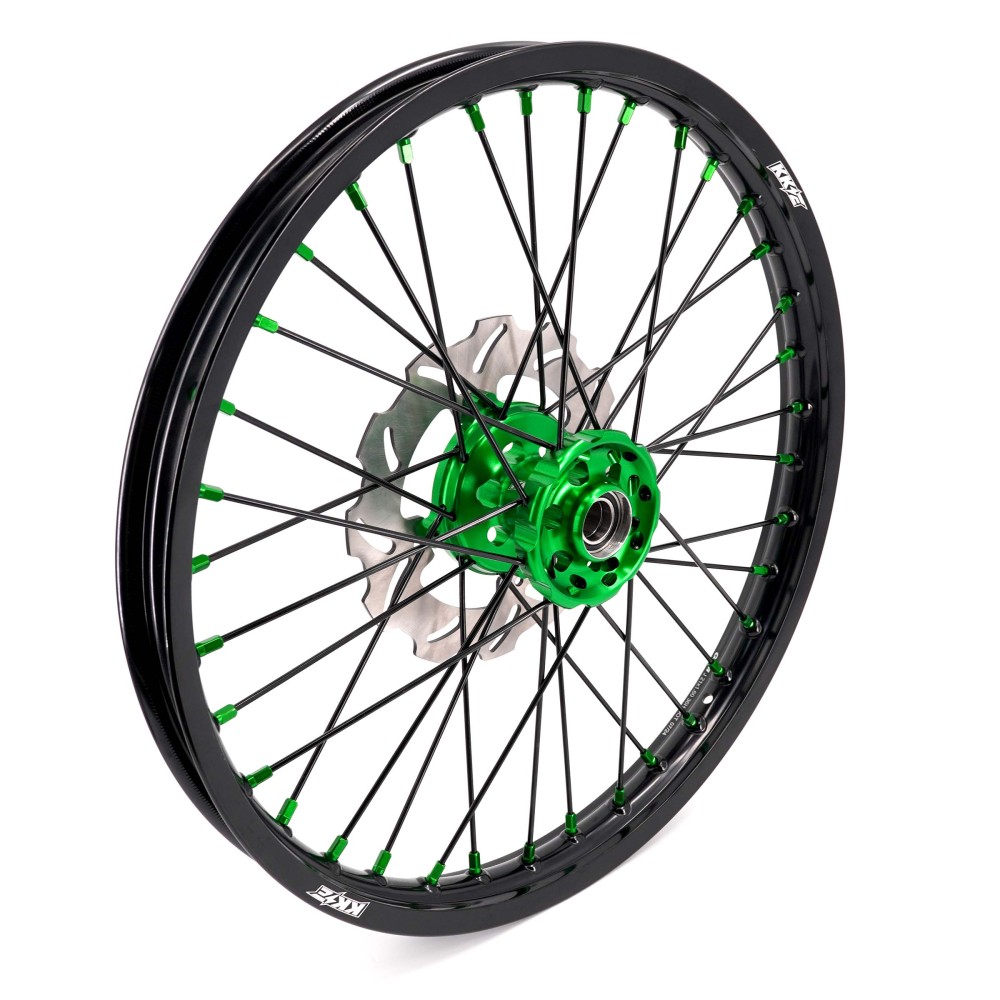KKE 21/19 MX Dirt Bike Wheels Set fit Kawasaki KX250F KX450F 2006-2014/ KX125 KX250 2006-2007 Green Nipples/ Black Spokes