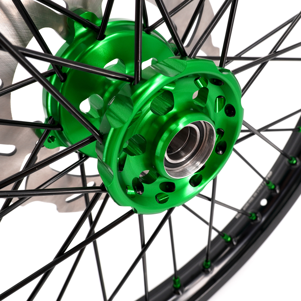 KKE 21/19 MX Dirt Bike Wheels Set fit Kawasaki KX250F KX450F 2006-2014/ KX125 KX250 2006-2007 Green Nipples/ Black Spokes
