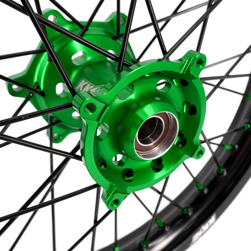 KKE 21/19 MX Dirt Bike Wheels Set fit Kawasaki KX250F KX450F 2006-2014/ KX125 KX250 2006-2007 Green Nipples/ Black Spokes