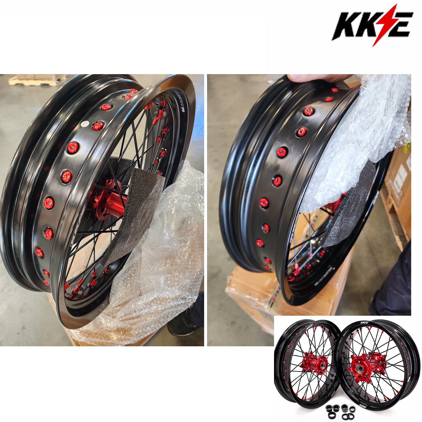 KKE Returned Wheels fit 2013-2025 CRF250R CRF450R Honda / KKE 3.5*17"/4.25*17" Complete Supermoto Wheels Red Hub/ Black Spoke