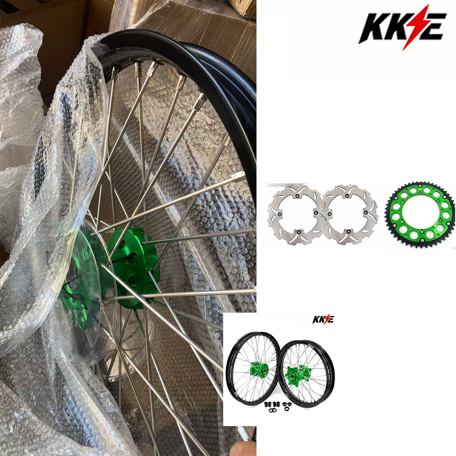 Returned Wheels for KX250F KX450F 2006-2014 / KX125 KX250 2006-2007 KKE 21/19 MX Dirt Bike Wheels Set Green Hub/ Silver Nipples for Kawasaki
