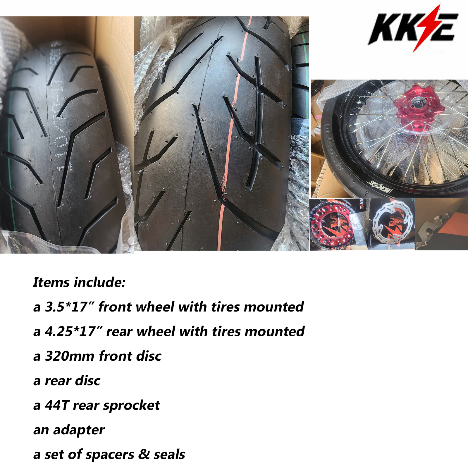 Returned Wheels for Honda XR650L 1993-2024 -- KKE Supermoto Wheels with CST Tires Mounted 3.5*17"/4.25*17 Rims