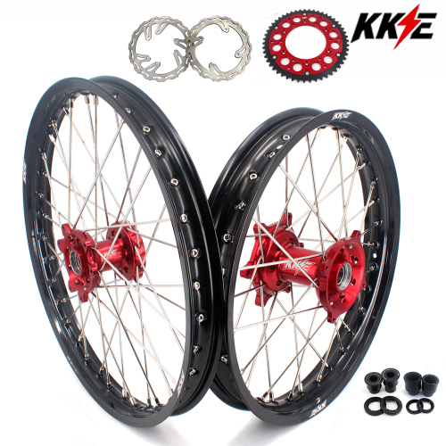 for XR400R 1996-2004, XR600R 1991-2000 --- KKE 21/18 Wheels for Honda Dirt Bike Rims CNC Red Hubs Black Spokes