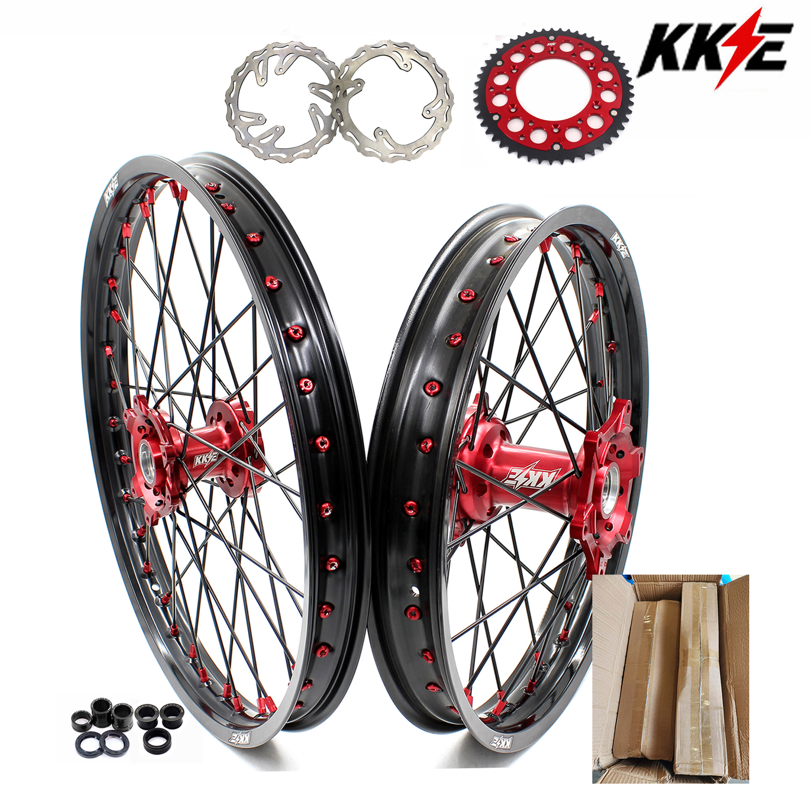 KKE 21/18 Cast Wheel Hub Set For Honda XR650R 2000-2008 - Red Hubs, Black Rims, Stainless Spokes
