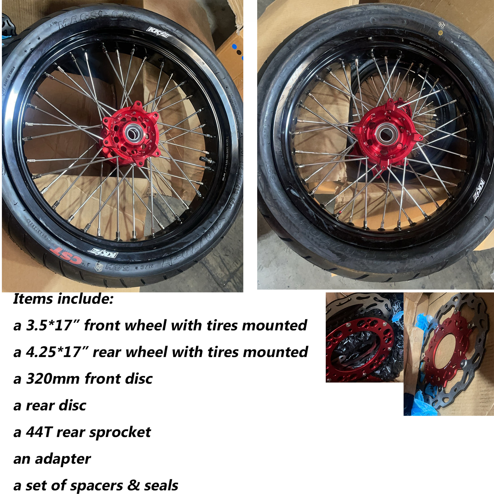 Used Wheels for Honda XR650R 2000-2008 -- KKE Supermoto Wheels with CST Tires Mounted 3.5*17"/4.25*17 Rims