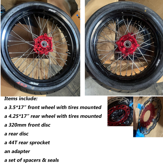 Used Wheels for Honda XR650R 2000-2008 -- KKE Supermoto Wheels with CST Tires Mounted 3.5*17"/4.25*17 Rims