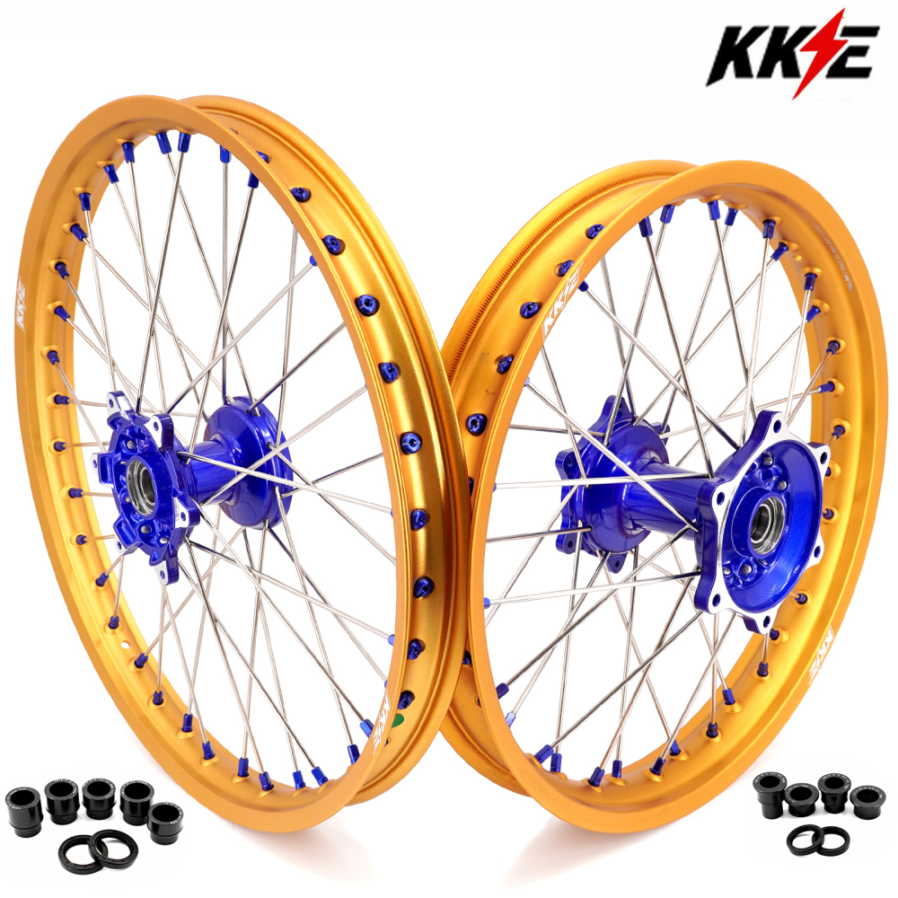 for YZ125 YZ250F - KKE 21/19 Cast Dirt Bike Wheels fit Yamaha YZ125 YZ250 1999-2025 YZ250F YZ450F Blue Nipples/Gold Rims
