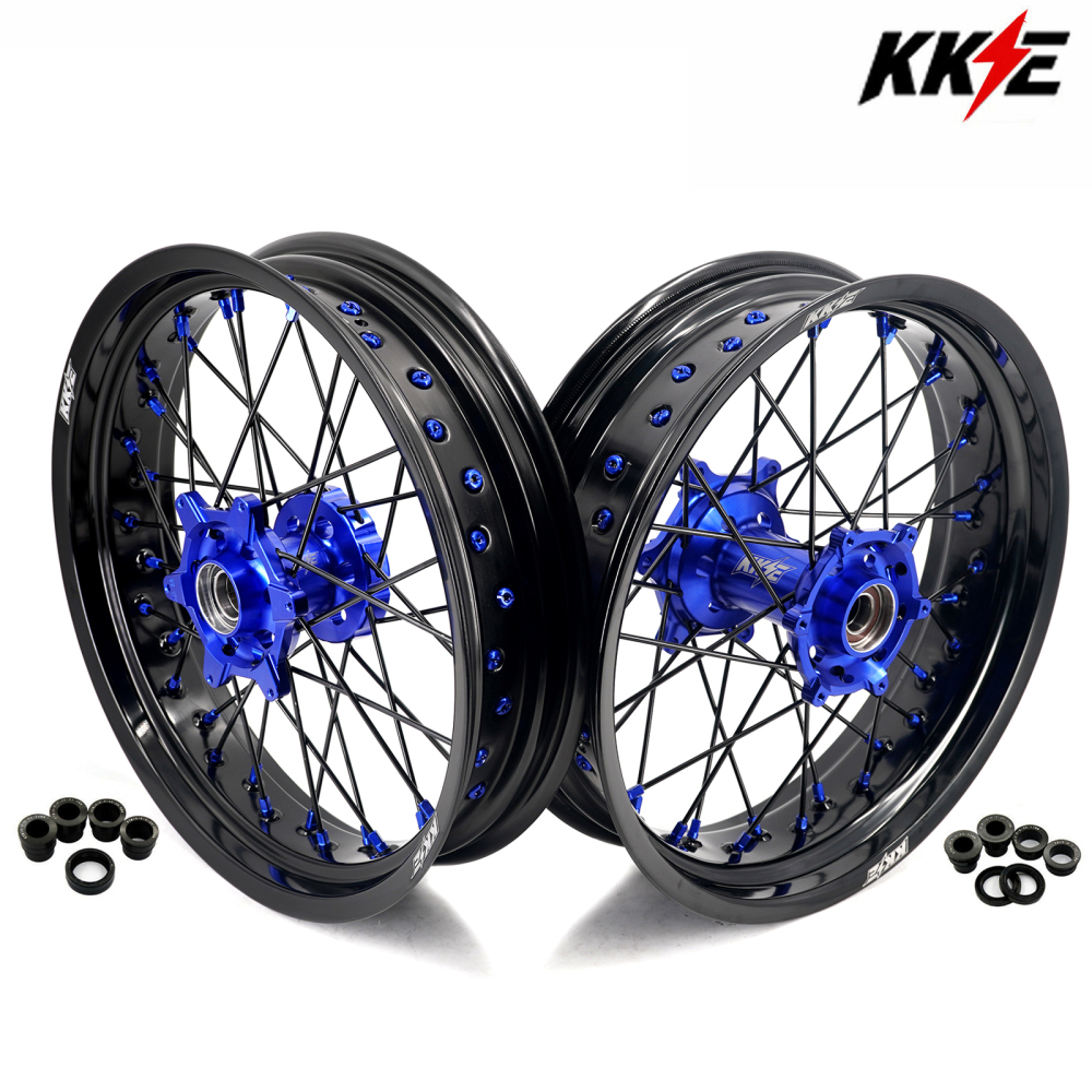 for KTM 125-530CC-KKE 17" Supermoto Wheels for KTM 125-530CC XCW EXC EXCW 2000-2025 / Husqvarna TE TC FE FC 125cc-501cc 2014-2024 Blue Hub/Black Spoke