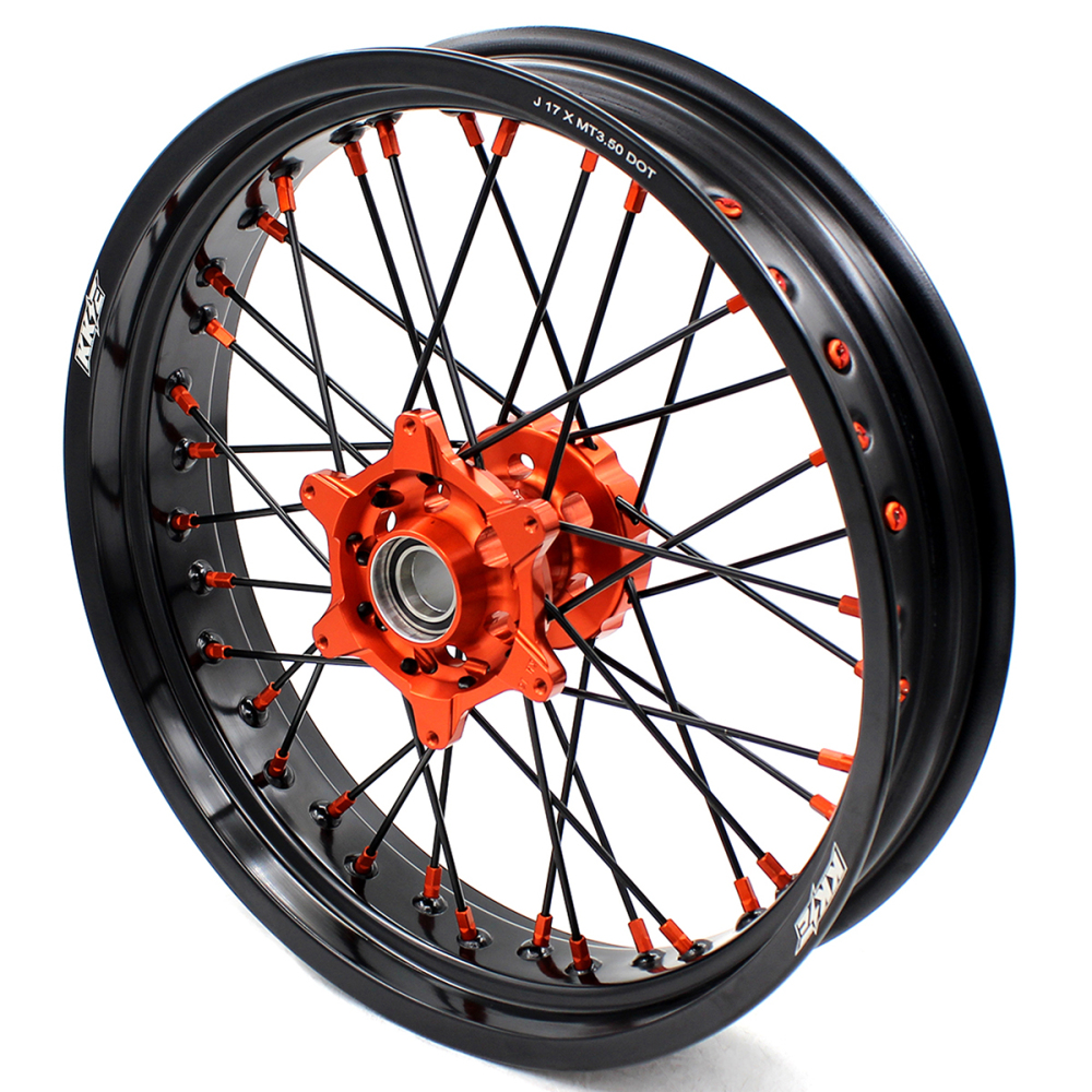 for KTM 125-530CC-KKE 17" Supermoto Wheels for KTM 125-530CC XCW EXC EXCW 2000-2025 / Husqvarna TE TC FE FC 125cc-501cc 2014-2024 CNC Orange Hub/Black Spoke