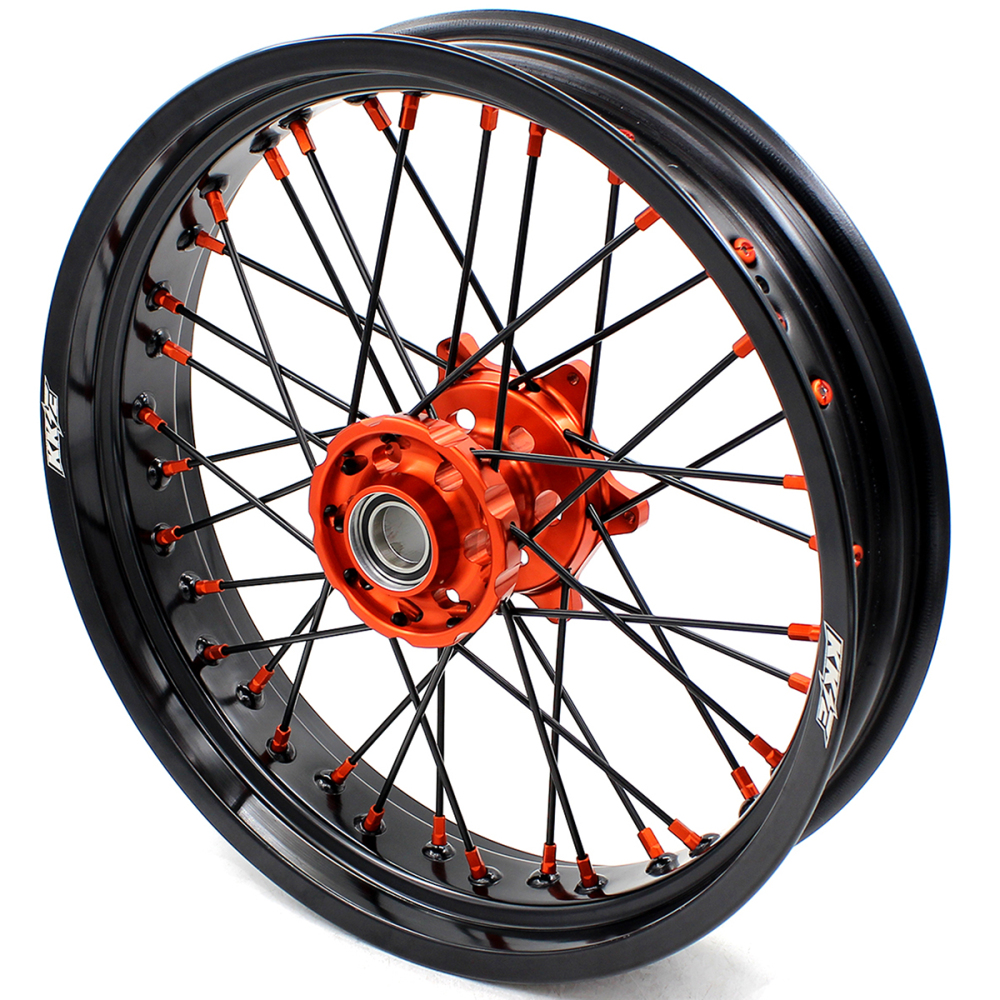 for KTM 125-530CC-KKE 17" Supermoto Wheels for KTM 125-530CC XCW EXC EXCW 2000-2025 / Husqvarna TE TC FE FC 125cc-501cc 2014-2024 CNC Orange Hub/Black Spoke