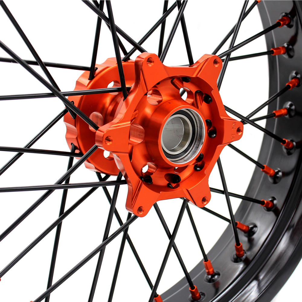 for KTM 125-530CC-KKE 17" Supermoto Wheels for KTM 125-530CC XCW EXC EXCW 2000-2025 / Husqvarna TE TC FE FC 125cc-501cc 2014-2024 CNC Orange Hub/Black Spoke