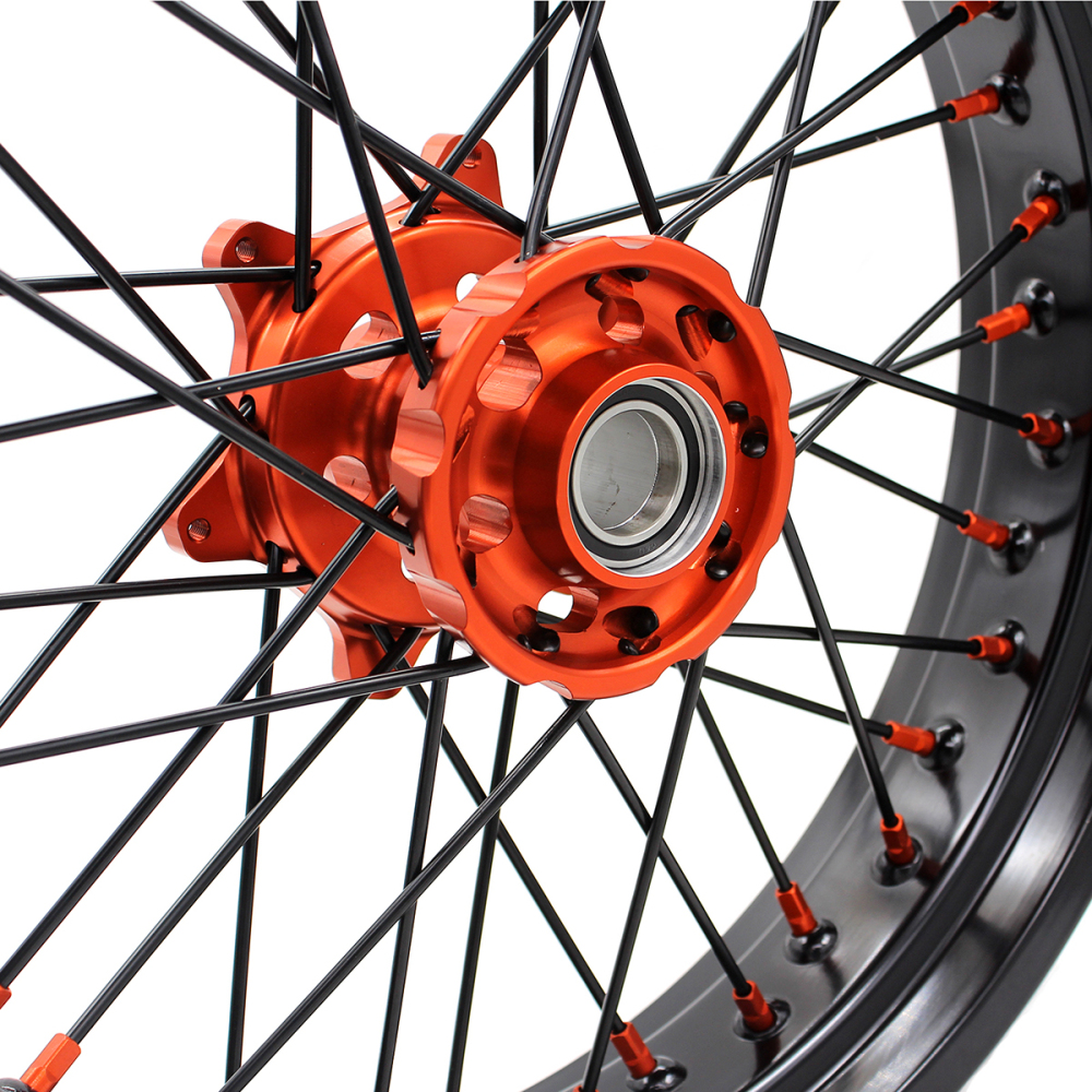 for KTM 125-530CC-KKE 17" Supermoto Wheels for KTM 125-530CC XCW EXC EXCW 2000-2025 / Husqvarna TE TC FE FC 125cc-501cc 2014-2024 CNC Orange Hub/Black Spoke